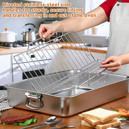 Teenyyou Extra Large Stainless Steel Turkey Roaster with Racks 23.6 * 15.7in Turkey Roaster Pot, with Stainless Steel Detachable Rack Suitable for Poultry, Chicken, Ham, Vegetable