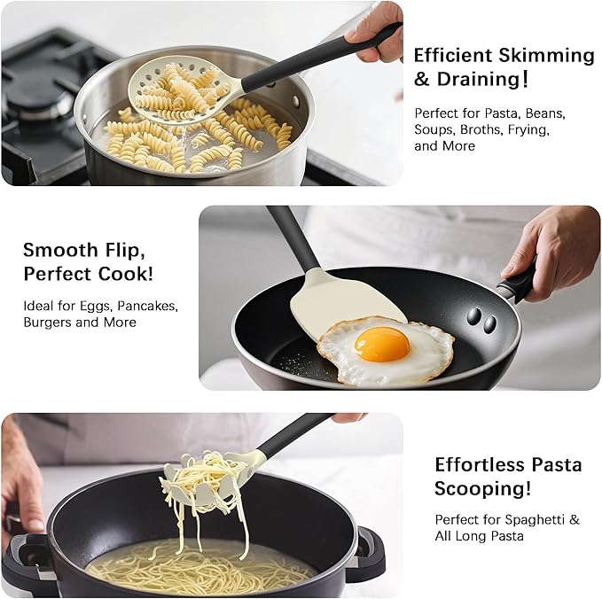 Coukre Silicone Kitchen Cooking Utensils Set with Holder – Heat-Resistant, Food-Grade Kitchen Tools, Spatula, Spoon & Gadgets for Non-Stick Pans, Dishwasher Safe (14, Beige) - Image 3