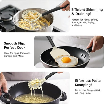 Coukre Silicone Kitchen Cooking Utensils Set with Holder – Heat-Resistant, Food-Grade Kitchen Tools, Spatula, Spoon & Gadgets for Non-Stick Pans, Dishwasher Safe (14, Beige) - Image 3