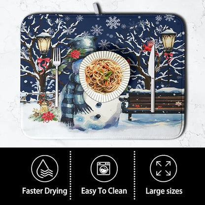 Winter Snowman Dish Drying Mat for Kitchen Counter 18x24, Xmas Snowflakes Dish Drainer Mat Snowy Night Drying Kitchen Mats Cardinal Birld Dish Pad Absorbent Reversible Coffee Mats for Dishes - Image 4