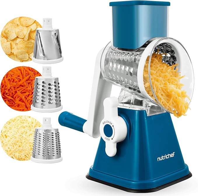 NutriChef 3 in 1 Cheese Grater & Shredder | Strong Suction Base, Rotary Handle with Safety Lock | Includes Hand Crank & 3 Drum Blades for 3 Textures, Fine, Medium & Strips | Blue by NutriChef%E2%84%A2Kitchen