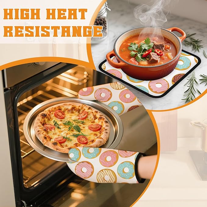 Pink Doughnut Oven Mitts and Pot Holders Set,Kitchen Oven Gloves and Pot Holder with Heat Resistant Non Slip for Cooking Baking Grilling(4 Piece Set)