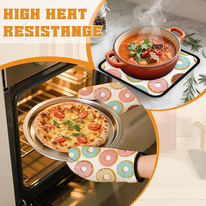 Pink Doughnut Oven Mitts and Pot Holders Set,Kitchen Oven Gloves and Pot Holder with Heat Resistant Non Slip for Cooking Baking Grilling(4 Piece Set)