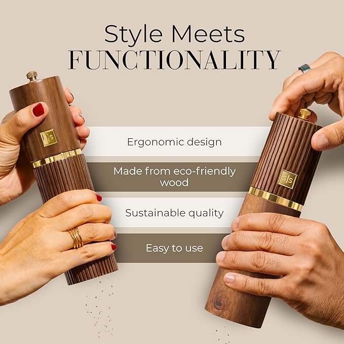 Wooden Salt and Pepper Grinder Set – Refillable Manual Salt and Pepper Mills with Adjustable Ceramic Burrs, Gold Detailing, and Wood Stand – Dark Wood - Image 5