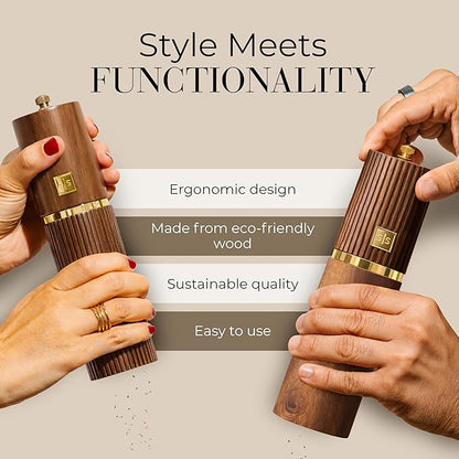 Wooden Salt and Pepper Grinder Set – Refillable Manual Salt and Pepper Mills with Adjustable Ceramic Burrs, Gold Detailing, and Wood Stand – Dark Wood - Image 5