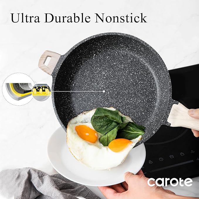 CAROTE 12.5 inch Nonstick Frying Pan Skillet,Non Stick Granite Fry Pan Egg Pan Omelet Pans, Stone Cookware Chef's Pan, PFOA Free,Induction Compatible - Image 5