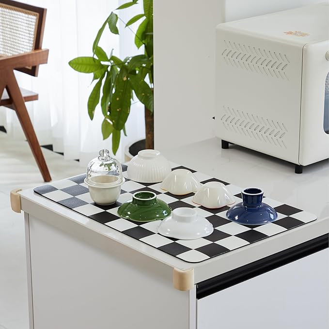 Ohocut Checkered Dish Drying Mat for Kitchen Counter, Coffee Bar Station Accessories, Retro Cute Aesthetic Modern Absorbent Drainer Mat Kitchen Drying Mat Easy Clean, Black 16" x 24" - Image 3