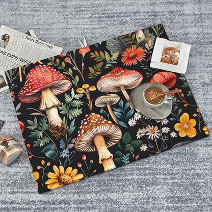 Forest Floral Mushroom Dish Drying Mat For Kitchen Counter Absorbent Large Kitchen Fast Dry Pad Reusable Washable Protector Rack Large Mat 18 X 24