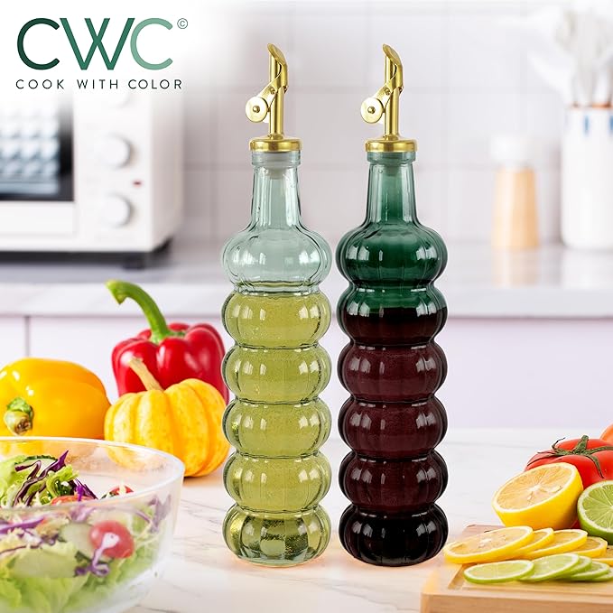 COOK WITH COLOR Glass Olive Oil Bottle Dispenser - 2 Pack- 17oz Oil and Vinegar Cruet - Olive Oil Carafe Decanter for Kitchen, Elegant Waves, Green - Image 5