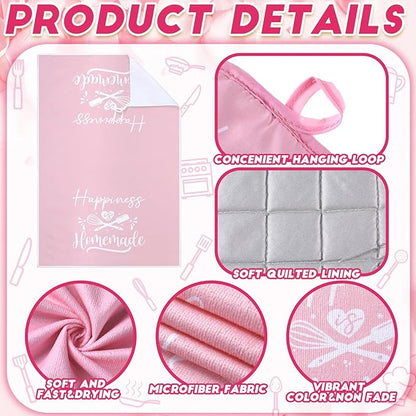 Sratte 6 Pcs Kitchen Decor Accessories Set Farmhouse Towels Pot Holders Oven Mitts Set 2 Dish Towels 2 Potholders 2 Cooking Mittens Oven Glove for Christmas Baking Cooking Supply(Pink,Kitchen) - Image 6