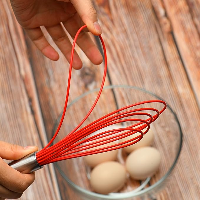 Flat Whisk Set,Stainless Steel 3 Pack 10''+11''+12'' Premium Sturdy-6 Silicone Heads Non Stick Wires Whisk for Blending Beating Stirring Kitchen Cooking Color Red by Jell-Cell - Image 2