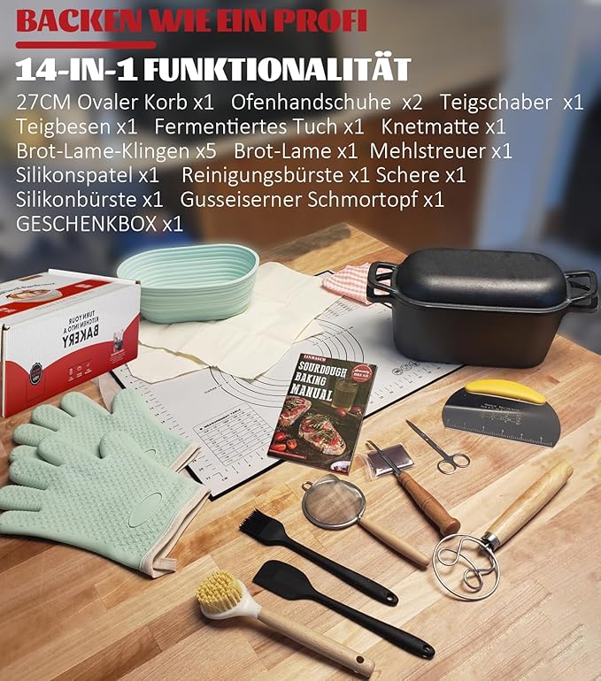 LINMAGCO Dutch Oven for Bread Baking & Sourdough Bread Baking Starter Kit- 11-Piece Beginner Gift Set with 3.6QT Oval Cast Iron Pot with Lid, Silicone Proofing Basket & Artisan Tools