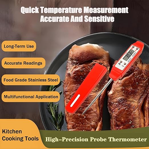 Meat Thermometer - Digital Food Thermometer for Cooking Kitchen - Automatic Calibration Pen Style Electronic Pocket Thermometer for Water Temperature, Barbecue (Red) - Image 3