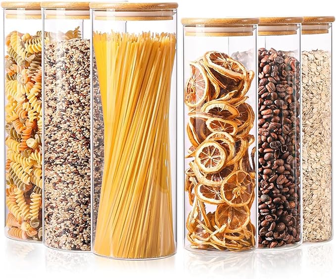 ComSaf Glass Food Storage Jars Set of 6, Tall Glass Storage Containers with Lids, Spaghetti Jar, Canisters Set for the kitchen, Pasta, Flour, Nuts, Oat, Coffee and Sugar Container, Pantry Organization by ComSaf
