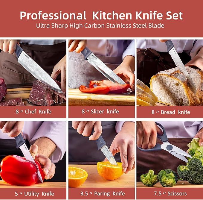 RAXCO 10-Piece Kitchen Knife Set | Stainless Steel Holder | Compact Design - Gray - Image 6