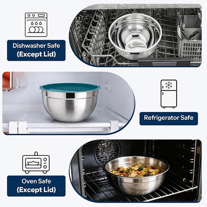 E-far Mixing Bowls With Lids Sets of 5, 10-Piece Stainless Steel Salad Metal Nesting Bowl for Baking Cooking and Prepping, Airtight Lid & Stackable Design, Size 4.6, 3, 2.1, 1.5, 0.7 QT, Blue - Image 7