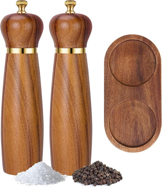 Acacia Wood Salt and Pepper Grinder Set with Base, 8-Inch Manual Pepper Mill Grinder with Adjustable Coarseness, 2 Pack Wooden Salt and Pepper Shakers Set