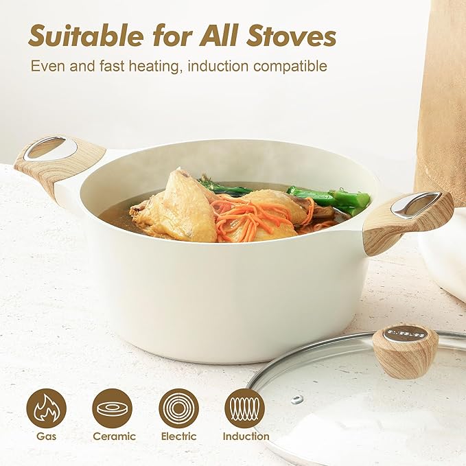 SENSARTE Ceramic Nonstick Stock Pot with Lid, 2.6/4.5/6.6/8.5 QT Soup Pot Casserole Pot, Non-toxic Healthy Pasta Pot, Large Cooking Pot Stew Pot, Induction Compatible, PFOA PFAS PTFE Free, White - Image 5