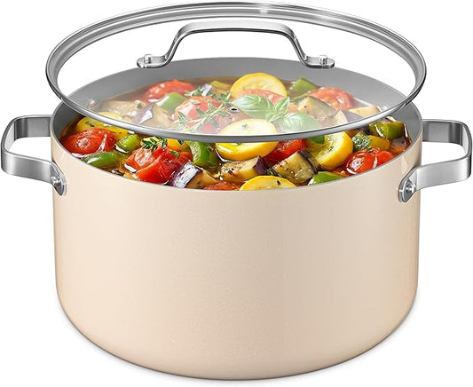 Bakken 12.5 Quart Ceramic Coated Stock Pot with Lid, Easy Clean Nonstick Pot, Tempered Glass Lid, Riveted Stainless Steel Handles, Oven Safe Up To 500°F, PTFE & PFAS Free, All Stove Compatible, Cream by BAKK%C3%8BNMASTER