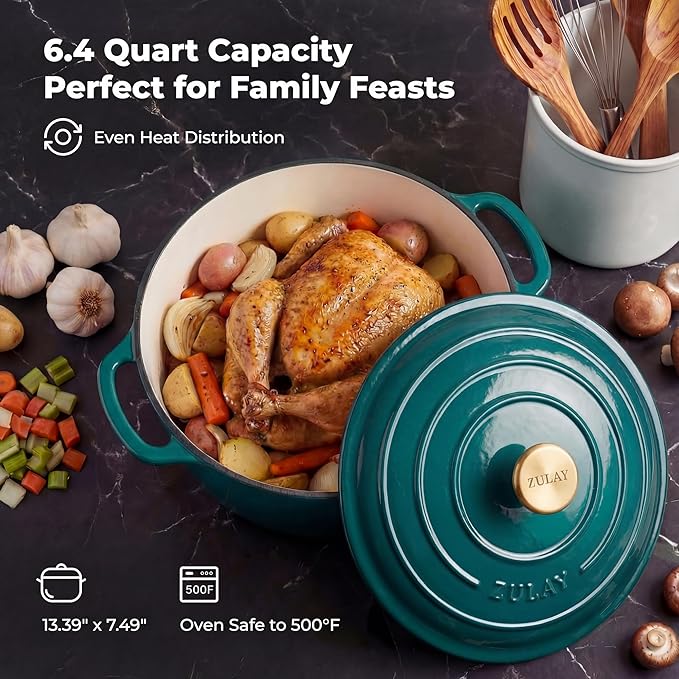 Zulay Kitchen 6.4 Quart Enameled Cast Iron Dutch Oven Pot with Lid, Emerald - Image 6