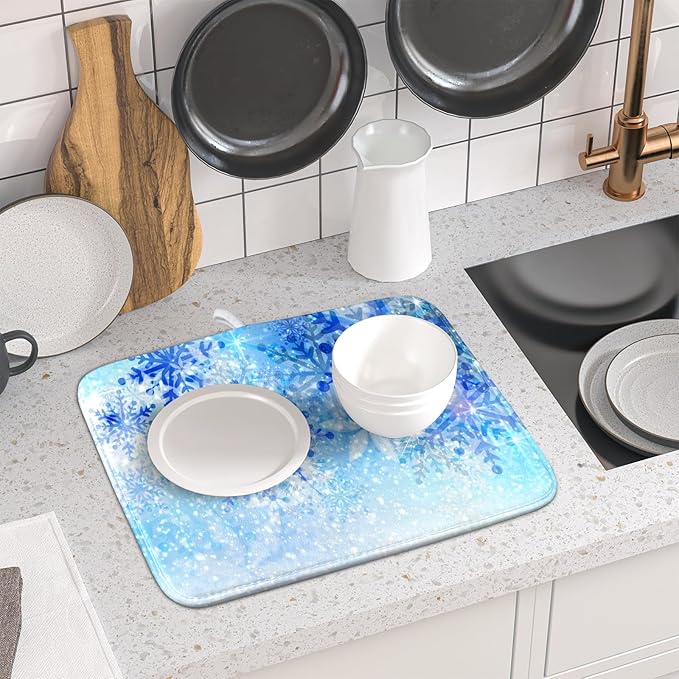 Giwawa 16"x18" Winter Blue Snowflakes Dish Drying Mat Christmas Snow Falling Nature Ice Dish Drainer Mats for Kitchen Microfiber Reversible Dish Drying Rack Pad for Countertop Tabletop Decor
