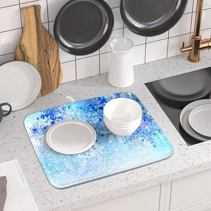 Giwawa 16"x18" Winter Blue Snowflakes Dish Drying Mat Christmas Snow Falling Nature Ice Dish Drainer Mats for Kitchen Microfiber Reversible Dish Drying Rack Pad for Countertop Tabletop Decor