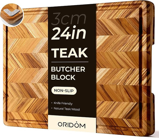 Teak Wood Cutting Board for Kitchen 24'' Extra Large End Grain Heavy Duty Checkered Cutting Board Non Toxic Best Handcrafted Solid Wood Decorative Charcuterie Butcher Block Countertop Meat Vegetables by oridom