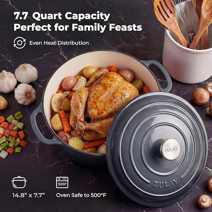 Zulay Kitchen 7.7 Quart Enameled Cast Iron Dutch Oven Pot with Lid – Premium Durability & Oven Safe up to 500°F – Heavy Duty Cookware Perfect for Bread Baking, Stews, Braising & Roasting – Gray - Image 6