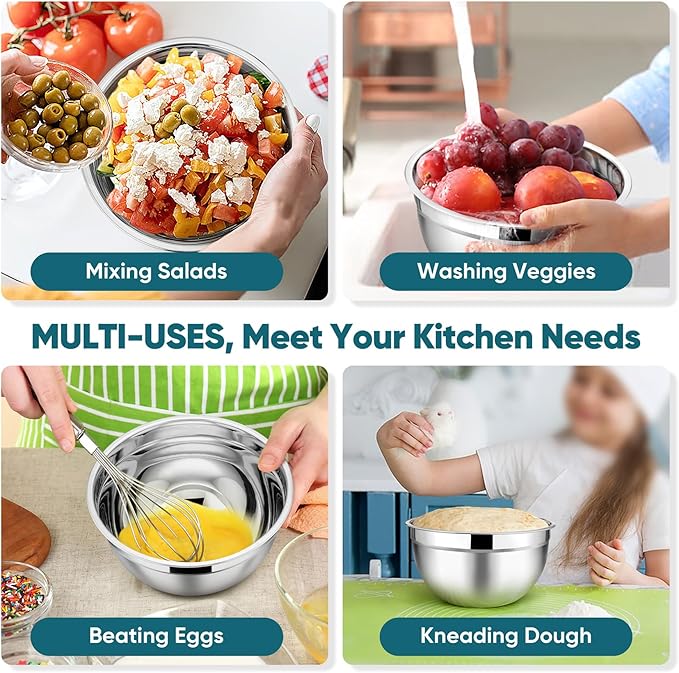 TeamFar Mixing Bowl Set of 5, Stainless Steel 4.5/3/1.5/1/0.7 QT Metal Nesting Salad Bowls with Lids, Ideal for Mixing Serving Tossing, Non-Toxic & Sturdy, Airtight Lid & Easy Clean, Blue - Image 5