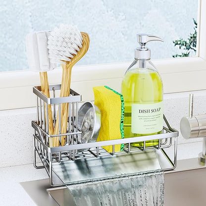 SWTYMIKI Sink Caddy Sponge Holder - Kitchen Sink Organizer with Stainless Steel Self Drain Tray & High Brush Holder for Countertop to Hold Dish Soaps and Sponges, Stainless Steel, Silver by SwtyMiki-TidyHomeSweetLife