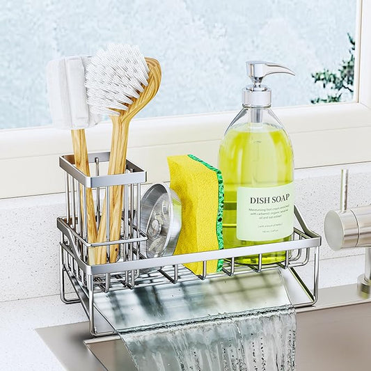 SWTYMIKI Sink Caddy Sponge Holder - Kitchen Sink Organizer with Stainless Steel Self Drain Tray & High Brush Holder for Countertop to Hold Dish Soaps and Sponges, Stainless Steel, Silver by SwtyMiki-TidyHomeSweetLife