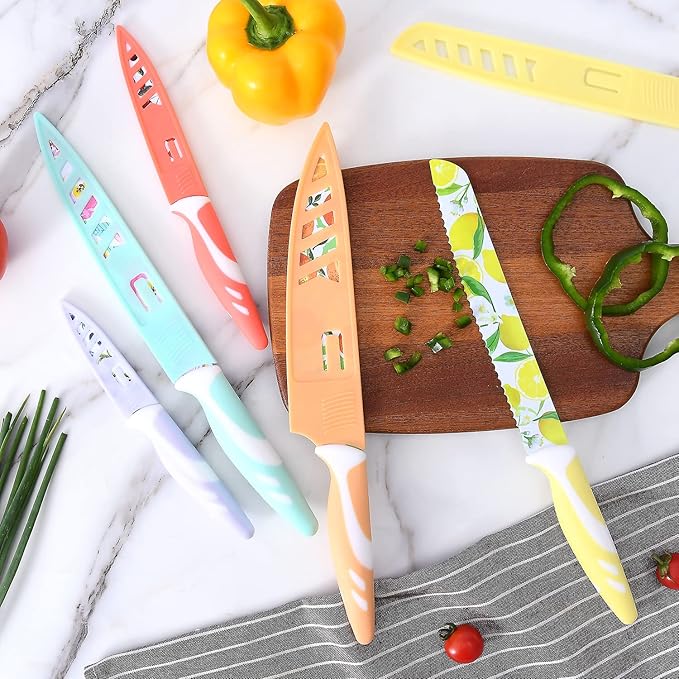 UPTRUST 10-piece Stainless Steel Kitchen Knife Set, Nonstick Coated with 5 Blade Guard, Multicolored Knives Set Gift for Mom - Image 3