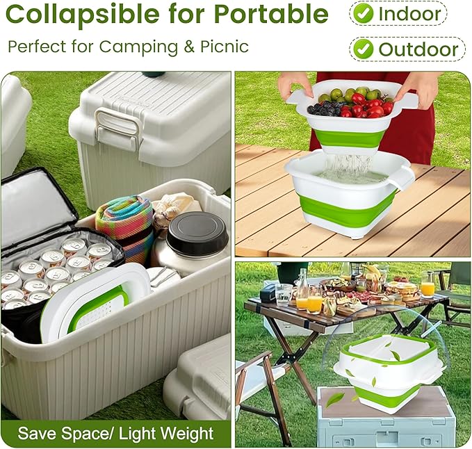 Collapsible Colander Set with Strainer Bowl, 2 in 1 Fruit Washing Basket with Strainer, 5 + 3 QT Plastic Colanders for Kitchen, Foldable Double Layered Colander Bowl for Berry, Vegetable, Green - Image 4
