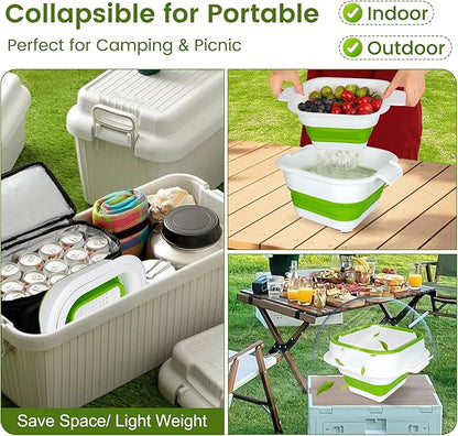 Collapsible Colander Set with Strainer Bowl, 2 in 1 Fruit Washing Basket with Strainer, 5 + 3 QT Plastic Colanders for Kitchen, Foldable Double Layered Colander Bowl for Berry, Vegetable, Green - Image 4