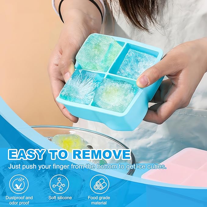 Large Silicone Ice Cube Tray 2Pack, Easy Release 2" Big Ice Cubes,Leak Proof Removable Lid Square Ice Cube Tray for Cocktail，Whiskey，Reusable Stackable Flexible Ice(Blue+Pink) (Blue) - Image 4