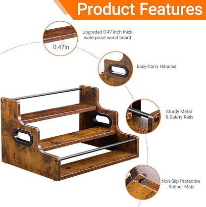 YQBRAO [Upgraded Rustic Wood Liquor Bottle Display Shelf, 3-Tier Liquor Shelf for Bar Counter, Coffee Syrup Rack Organizer with Handles & Metal Guardrail, Bar Bottle Stand for Home, Kitchen, Cafe