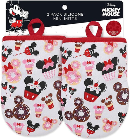 Disney Oven Mitts 2-Pack - 5.5” x 7.5” Heat-Resistant Mini Oven Mitts with Non-Slip Printed Silicone Disney Silhouettes - Pot Holders for Kitchen - Mickey & Minnie, Stitch, Winnie the Pooh