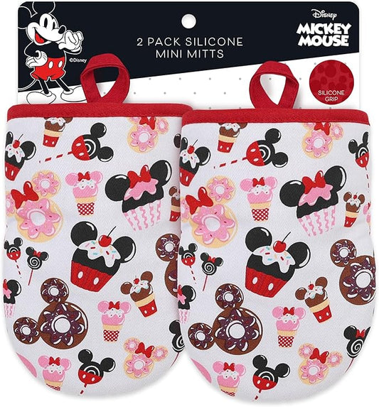 Disney Oven Mitts 2-Pack - 5.5” x 7.5” Heat-Resistant Mini Oven Mitts with Non-Slip Printed Silicone Disney Silhouettes - Pot Holders for Kitchen - Mickey & Minnie, Stitch, Winnie the Pooh