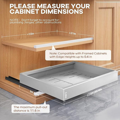 Seinloes 2Pack Expandable Pull Out Cabinet Organizer 21"Deep With Raising Pad for Framed Cabinets, Upgrade 3 Slide Rails Slide Out Drawers,Roll Out Shelves Adhesive,Adjustable Width 12.05"-20.4"Silver - Image 4