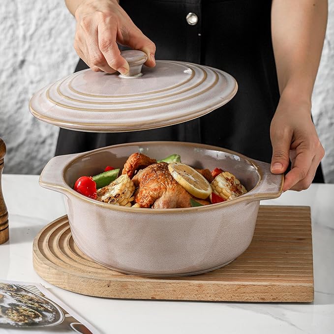 HVH Ceramic Casserole Dish with Lid Oven Safe, 2 Quart Round Casseroles Dishes Set, 9 Inches Round Baking Dish with Lid Oven Safe, Deep Casserole Dishes for Oven for Dinner Party (Sand Color) - Image 5