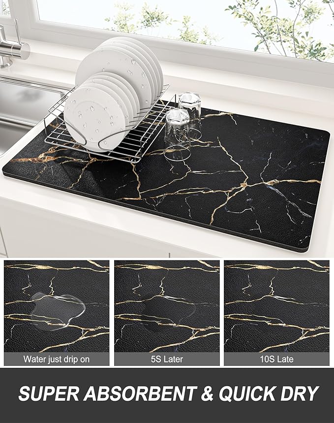 Rnivvi Dish Drying Mat for Kitchen Counter, 12 x 19" Cute Marble Super Absorbent Draining Pad, Non-Slip Heat Resistant Coffee Bar Mats for Coffee Machine Station Accessories, Black Gold Dish Rack Pad - Image 3
