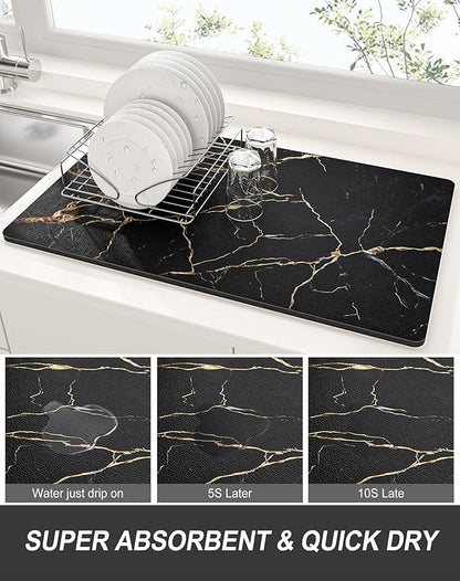 Rnivvi Dish Drying Mat for Kitchen Counter, 12 x 19" Cute Marble Super Absorbent Draining Pad, Non-Slip Heat Resistant Coffee Bar Mats for Coffee Machine Station Accessories, Black Gold Dish Rack Pad - Image 3