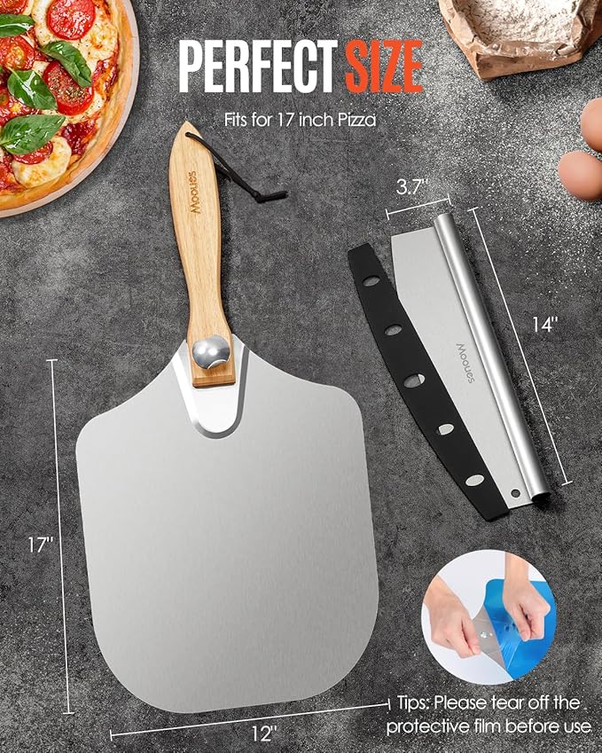 Pizza Peel Aluminum Pizza Spatula,17 inch Metal Pizza Paddle(12"x 17") with Rocker Cutter Foldable Wood Handle, [Storage bag included], for Family Pizza Oven Baking Pizza, Dough, Bread & Pastry - Image 5