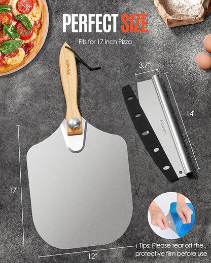 Pizza Peel Aluminum Pizza Spatula,17 inch Metal Pizza Paddle(12"x 17") with Rocker Cutter Foldable Wood Handle, [Storage bag included], for Family Pizza Oven Baking Pizza, Dough, Bread & Pastry - Image 5