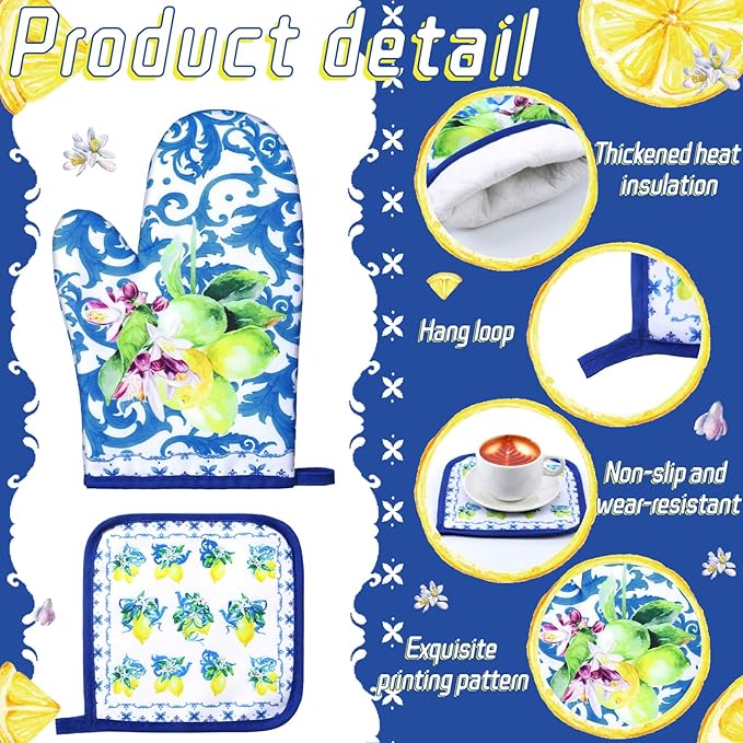 Bencailor 6 Pcs Lemon Kitchen Towels Oven Mitts and Pot Holders Set Decorative Dish Towels Tea Washcloth Non Slip Heat Resistant Oven Gloves for Summer Home Cooking Baking, Blue, Gold - Image 5