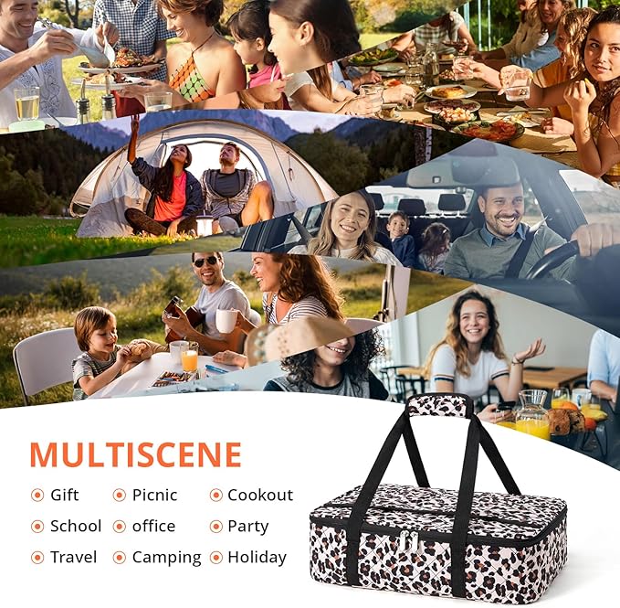 Insulated Casserole Carrier Portable Food Tote for Hot or Cold – Fits 9"x13" Baking Dish, Lasagna Holder for Parties, Picnic, Travel, Beach - Leopard Print