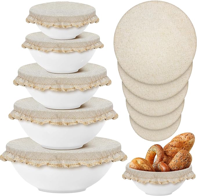 Patelai 10 Pcs Bowl Covers Reusable in 5 Size Stretch Cloth Fabric Elastic Food Storage Bowl Covers Bread Sourdough Lids for Proofing Food Fruits Leftover(Beige,Beige Style) by Patelai