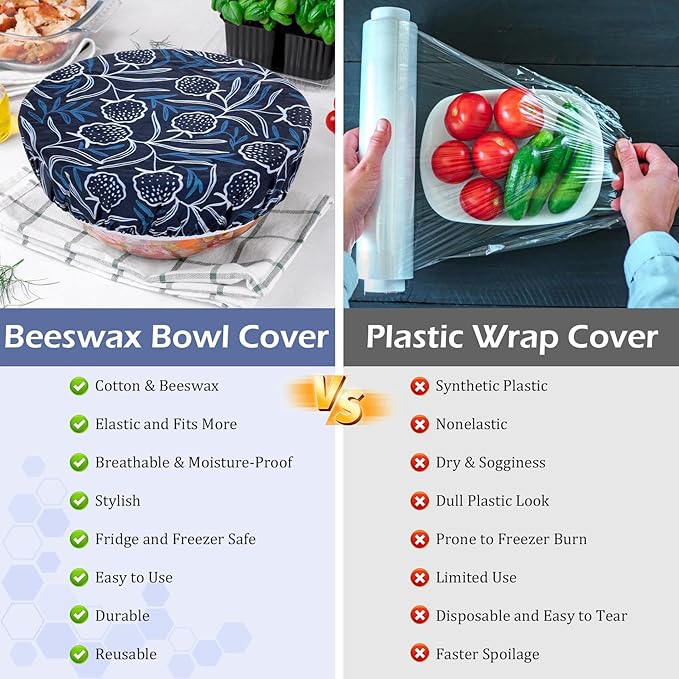 5-Size Reusable Beeswax Bowl Covers for Bread Proofing, Cotton Cloth Flexible Beeswax Wraps for Food Storage(Blue Floral) - Image 7