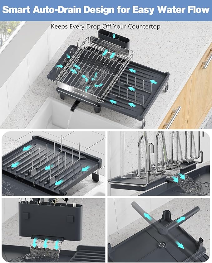 Expandable Dish Drying Rack, Dish Racks for Kitchen Counter, Stainless Steel 304, Flip-Top Retractable Plate, Multi-Directional Adjustable Dish Rack, Space Saving Large Drying Rack Kitchen, Gray - Image 3