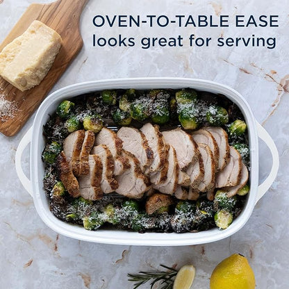 CorningWare QuickHeat 5.7-QT Cast Aluminum Roaster With Lid & Non-Stick Ceramic Interior, Lightweight and Fast Even Heat Baking & Cooking, For Meats, Soup, Browning, Searing, French White